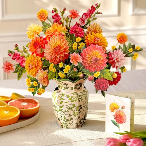 Dahlia Sunrise 3D Pop Up Greeting Card - 14.5 Inch Life-Sized Floral Bouquet