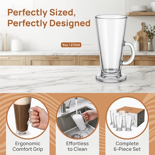 WUWEOT 6 Pack 9oz Irish Coffee Glass Mugs with Handle - Hot & Cold Drinkware