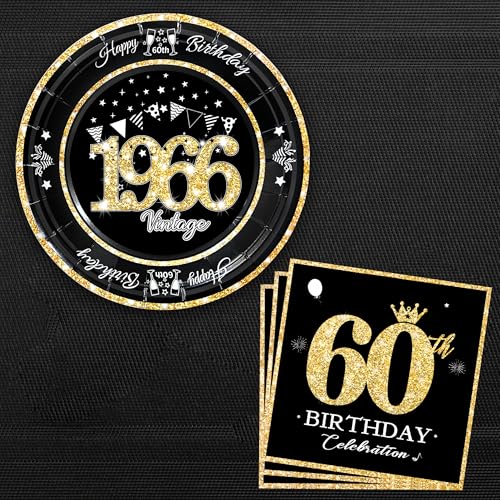 60th Birthday Party Plates and Napkins Set - Vintage Black and Gold, 60 Pc