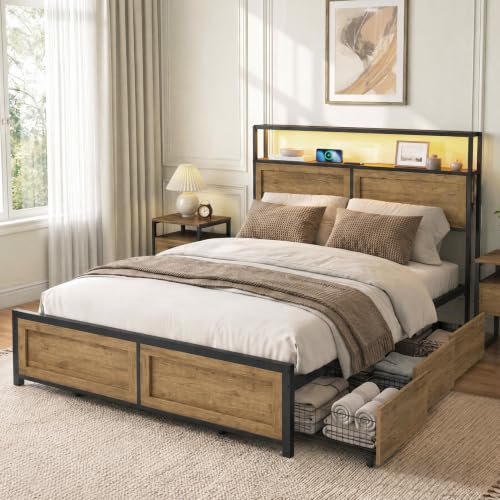 Industrial Bed Frame Set with LED Lights, Charging Station & 6 Storage Drawers