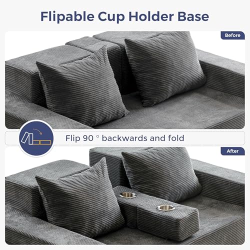 64-Inch Foldable Loveseat Sofa Bed with Cup Holders, Grey Corded Fabric