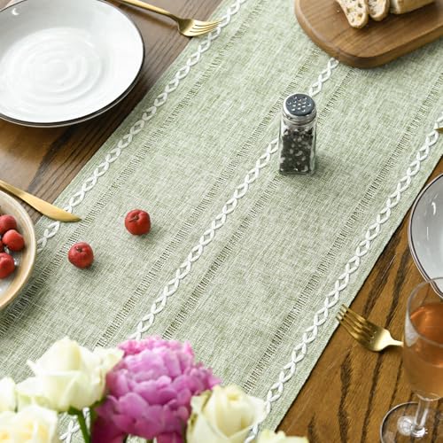 Sage Green Cotton Linen Table Runner - Embroidered Hollow 13x72 Inch