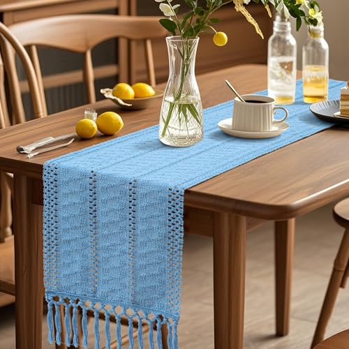 OTOSTAR Boho Table Runner Blue 12x36 Inches Woven Rustic Farmhouse Decor