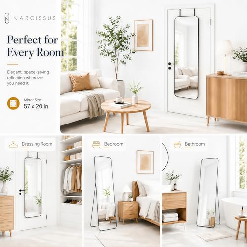 57x20 Inch Full Length Mirror, 3-in-1 Over-the-Door, Wall & Floor Mirror