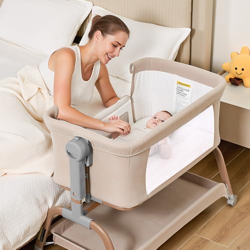 3-in-1 Baby Bassinet Bedside Sleeper & Rocking Crib with Wheels - Khaki