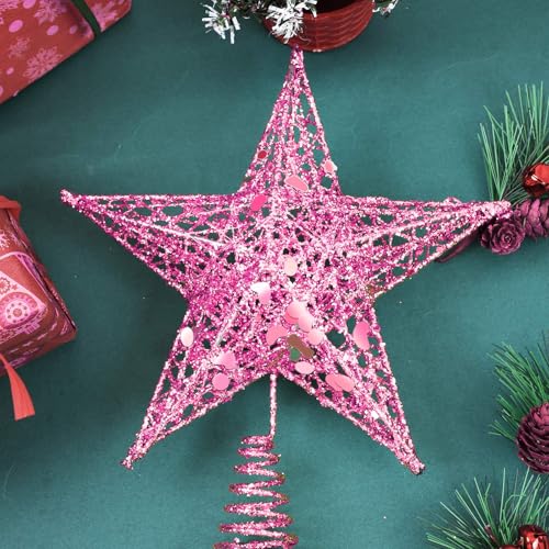 URATOT 8-Inch Pink Glittered Metal Christmas Tree Topper Star - Festive Treetop Decoration