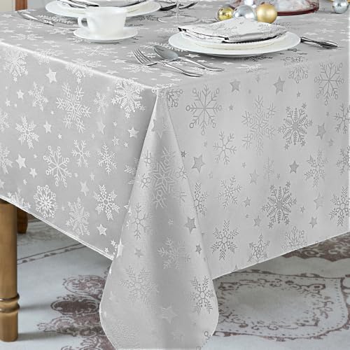 Romanstile Silver Christmas Jacquard Rectangle Tablecloth 60x84in Snowflake Decor