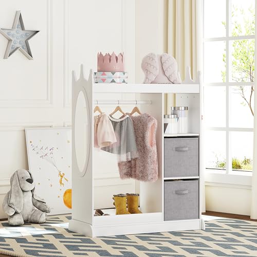 UTEX Kids Dress Up Storage with Crown Design & 2 Fabric Bins - White