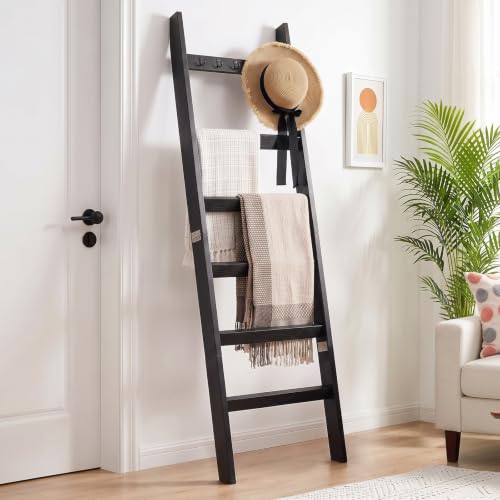 6-Tier Solid Wood Blanket Ladder with Hooks, 5.4ft Farmhouse Quilt Rack