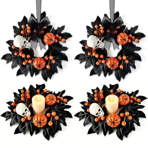 4 PCS Halloween Candle Rings with Skulls, Pumpkins, and Black Maple Leaves