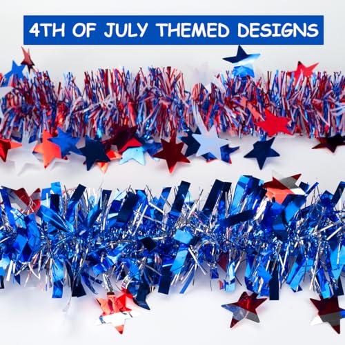 Red White Blue Star Tinsel Garland - 32.8ft Patriotic 4th of July Decor (2 Pack)