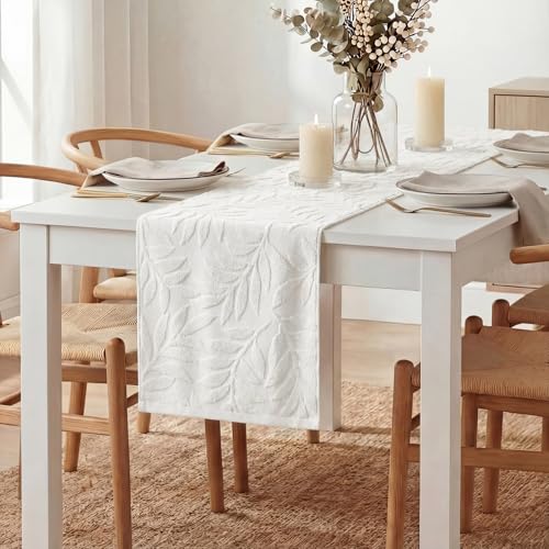 White Cotton 3D Jacquard Leaves Table Runner 13x72 Inch for Dining & Holiday Decor