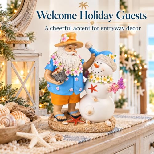 Coastal Hawaiian Santa & Snowman Figurine - 9.4in Beach Christmas Table Decor, Colorful