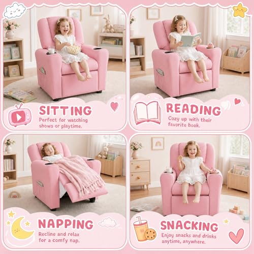 Kids Recliner Chair with Cup Holders and Storage, PU Leather Toddler Sofa