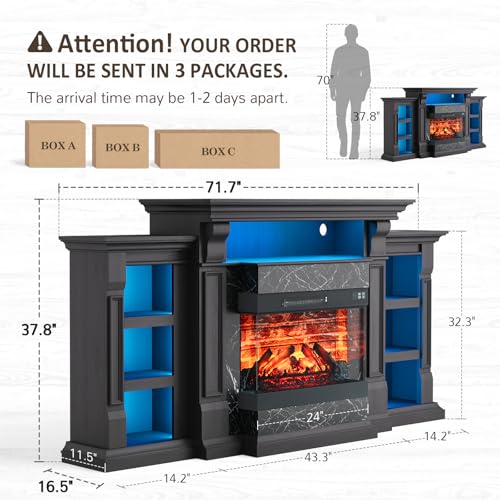 72-Inch Electric Fireplace TV Stand with 3-Side Glass Heater and Marble Finish