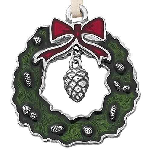 DANFORTH Green Christmas Wreath Ornament - Handcrafted Pewter Holiday Decor, Red Bow, Pine Cones - USA Made