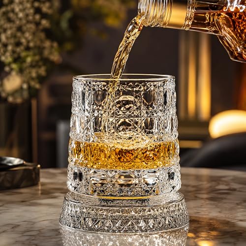 LGSZSFH 10oz 360° Spinning Whiskey Glass with Ice Mold - Grid Edition