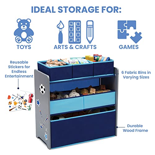 6-Bin Kids Toy Organizer with Reusable Stickers, Grey and Blue