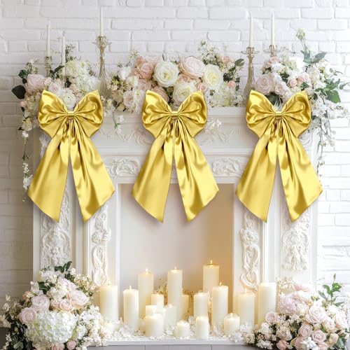 3 Pcs 2 ft Large Gold Christmas Bow Decorations Big Satin Bows Hanging Wall Decors for Room Fireplace Coquette Birthday Backdrop Bridal Shower Wedding Bachelorette Christmas Party Supplies