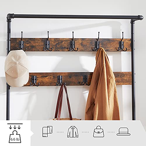 Industrial Hall Tree with Bench, 9 Hooks and 2 Shoe Storage Shelves