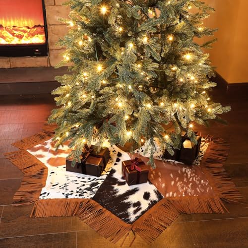 Stylish Shappy Western Cow Christmas Tree Skirt 48 Inch Holiday Decor with Tassels