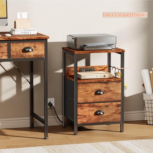 Industrial Nightstand with Charging Station, 2 Fabric Drawers & USB Ports