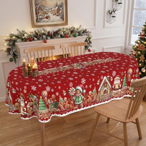 ZORKET Christmas Gingerbread Red Oval Tablecloth 60 x 120 Inches Waterproof & Machine Washable