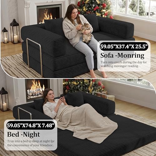 5-in-1 Convertible Corduroy Sleeper Sofa Bed, 59-Inch Floor Loveseat