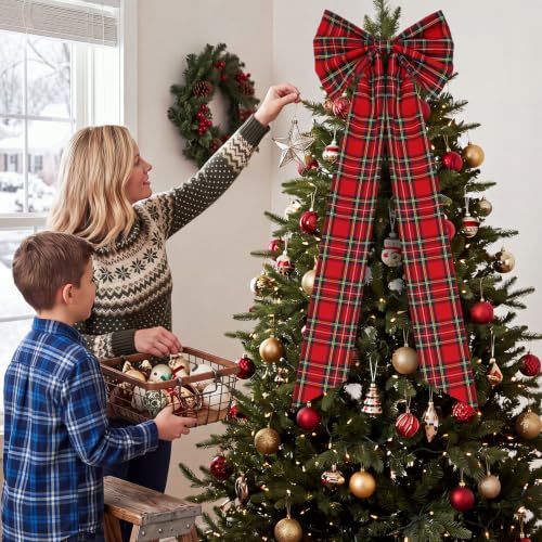 Junkin 20x12in Red Green Tartan Christmas Tree Topper Bow - 60in Overall For Large Trees