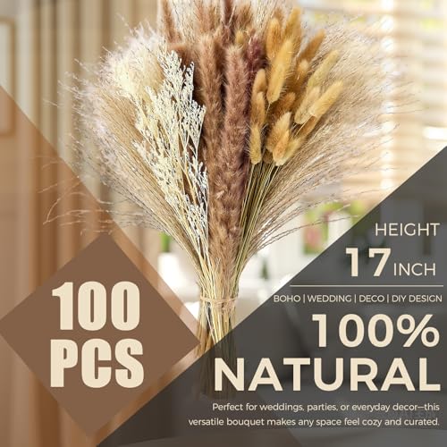 100 Pcs Natural Dried Pampas Grass Bouquet - 17 Inch Boho Home Decor