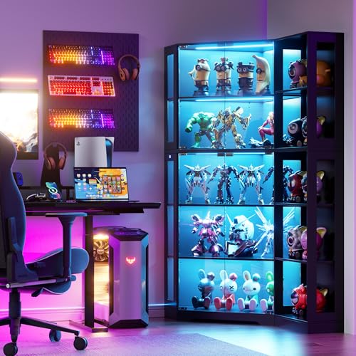 Corner Glass Display Cabinet with LED Lights and Adjustable Shelves