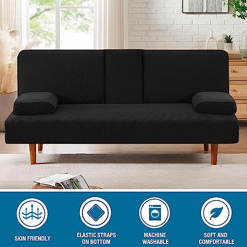 4-Piece Stretch Futon Slipcover Set with Armrests & Cupholders - Black