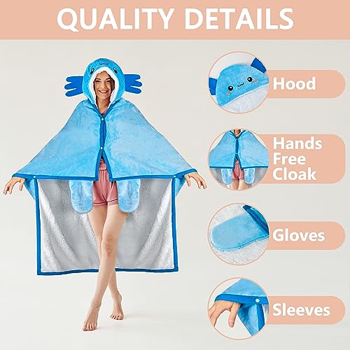 Axolotl Wearable Hooded Blanket, Plush Sherpa Fleece Throw Cloak