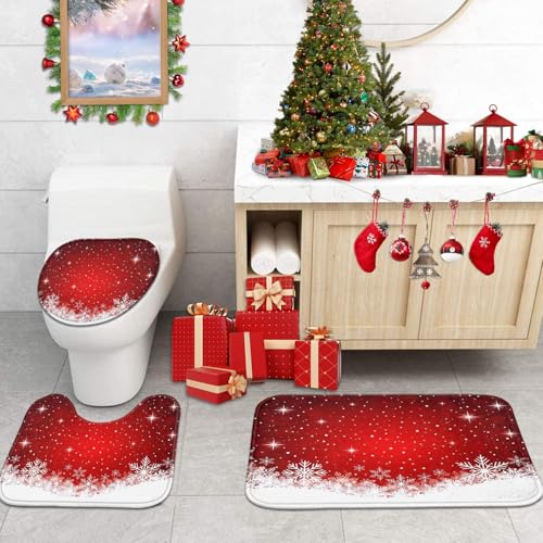 Christmas Bathroom Set with Shower Curtain and Rugs - ArtSocket White Red