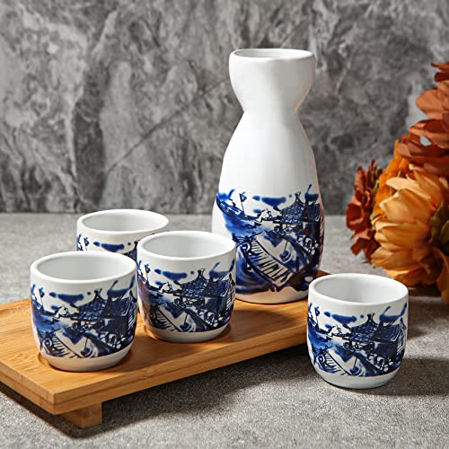 ABuff Japanese Sake Set with Ceramic Tokkuri & Ochoko Cups, Wooden Tray