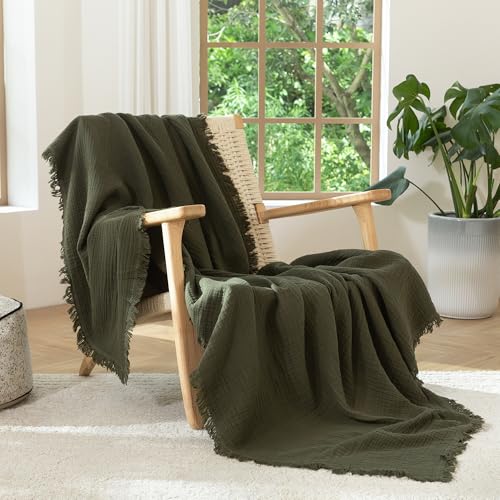 100% Cotton Muslin Blanket - Soft Lightweight 4-Layer Throw, Olive Green, 108" x 98"