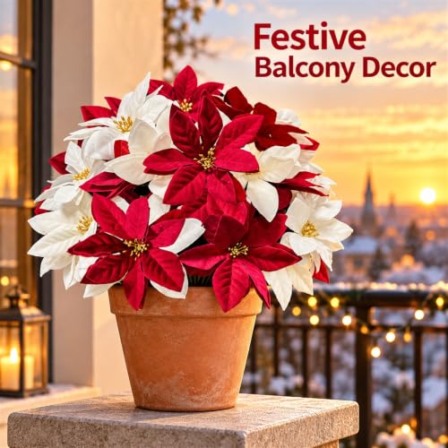 Unlemoni 24 Pcs Artificial Christmas Poinsettias - Red & White Holiday Floral Decor