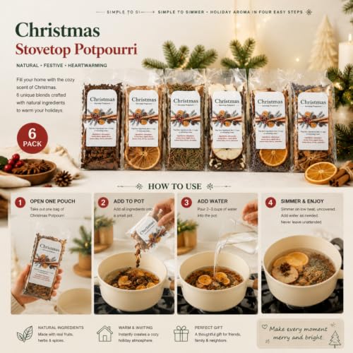 Loopeer 6 Pack Christmas Potpourri Kit with Cinnamon Sticks - Holiday Fragrance Set