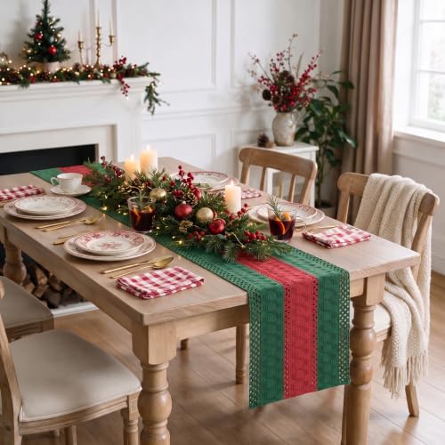 Artoid Mode 12x120 Inch Farmhouse Rustic Green Red Table Runner - Durable Cotton Polyester Decor