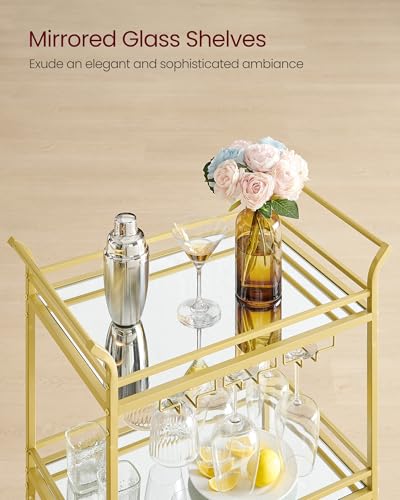 3-Tier Gold Bar Cart with Mirrored Shelves and Wine Glass Rack
