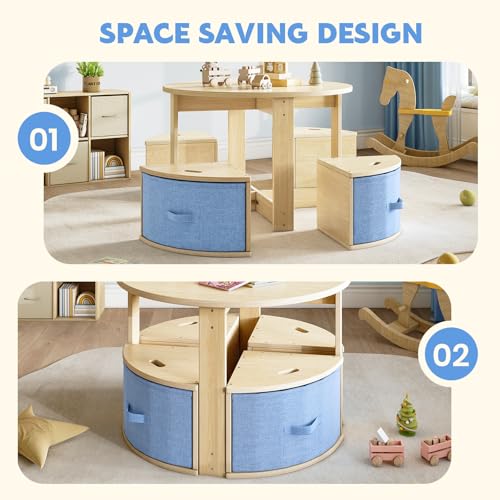 Kids Round Table and Chair Set with Storage Drawers - Wooden Toddler Activity Furniture