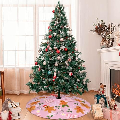 JOOCAR 48 Inch Pink Christmas Tree Skirt with Lace Up Candy Cane Gingerbread Pattern - 122cm