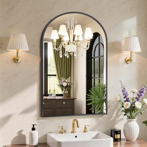 20" x 30" Arched Black Metal Wall Mirror with HD Shatterproof Glass