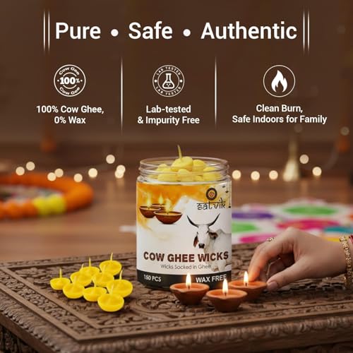 Pure Cow Ghee Wicks for Puja & Diwali - 150 Pack Readymade Diya Jyot