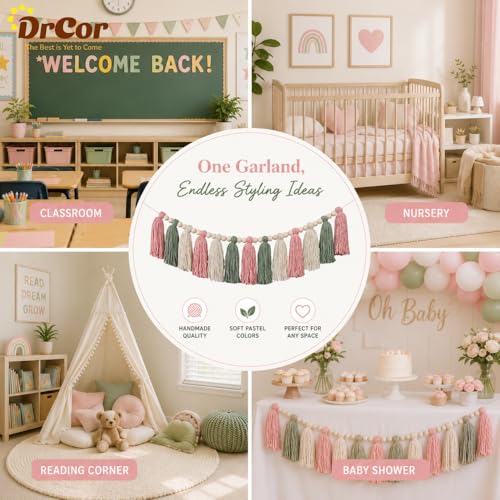 Boho Tassel Garland - Pink and Sage Green Cotton Wall Decor