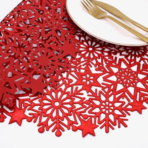 HADEEONG Snowflake Placemats Set of 6 - Red, PVC Dinner Mats 17.7 x 11.8 in