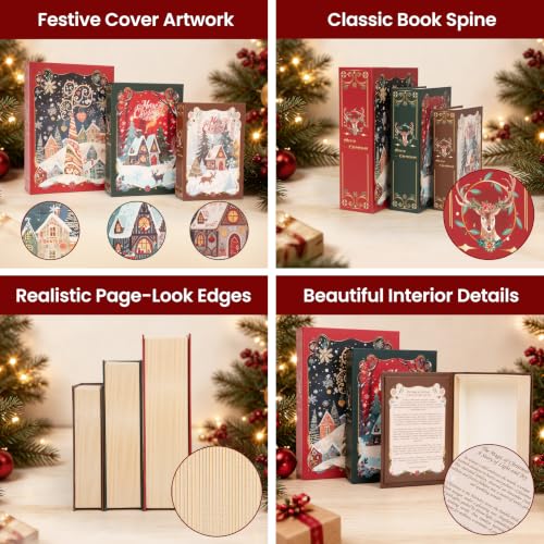 AELS 3-Piece Christmas Decorative Book Boxes with Hidden Storage – 8.3in, 7.1in, 5.9in
