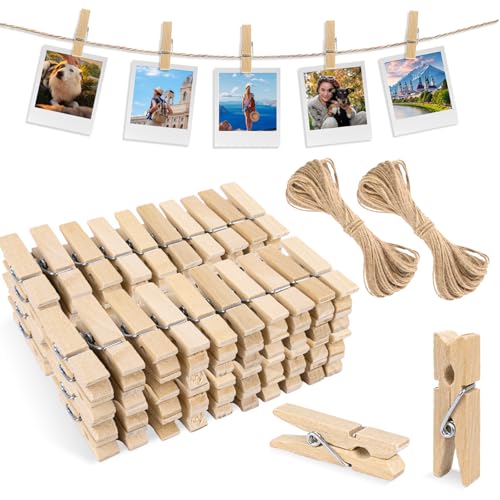 100 Pcs Mini Wooden Clothespins with Jute Twine for Photo Displays