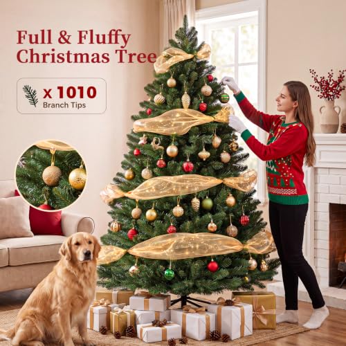 COMHOMA 6 ft Unlit artificial Christmas Tree with PE & PVC Tips – Green with Champagne Gold Ribbon