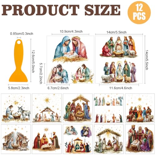 AHANDMAKER 12 Sheets Christmas Nativity Scene Window Clings Christmas Rub on Transfer Stickers Furniture Decal for Home School Office Decoration DIY Crafts Supplies, 5.5x5.5